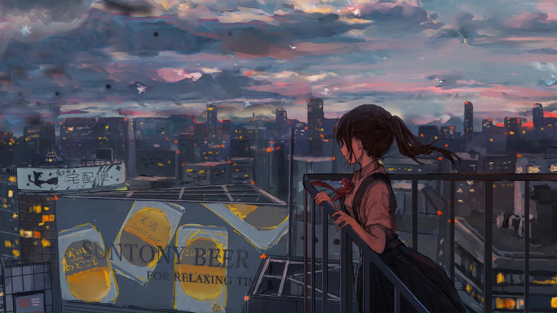 Anime Girl Standing On A Balcony Live Wallpaper - MoeWalls