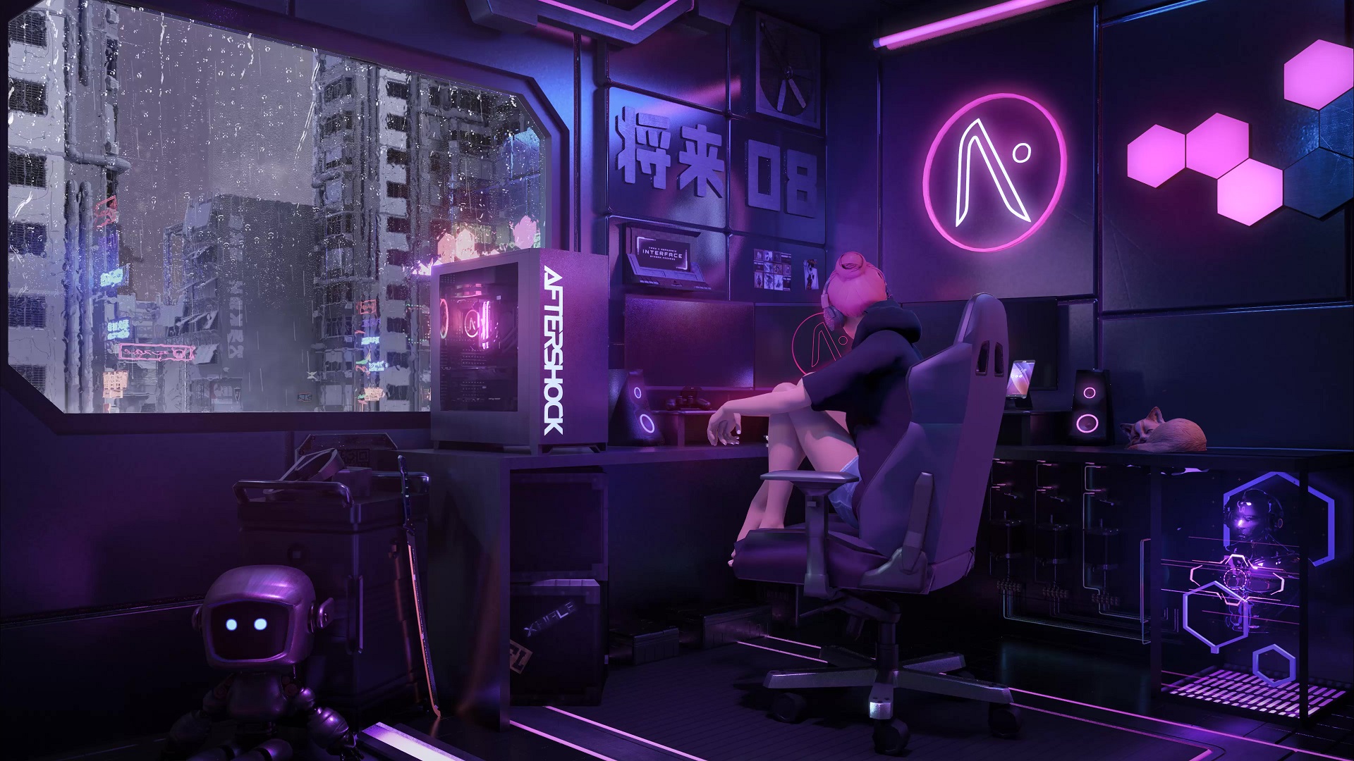 Girl In Futuristic Gaming Room Live Wallpaper - MoeWalls