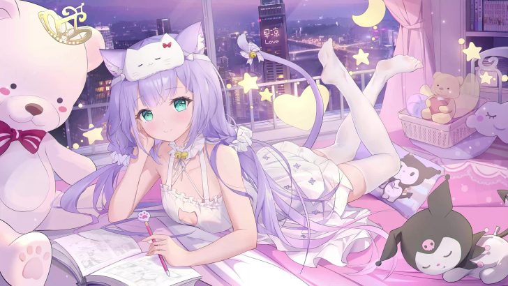 Anime Cat Girl Lying Down In Bed Live Wallpaper - MoeWalls