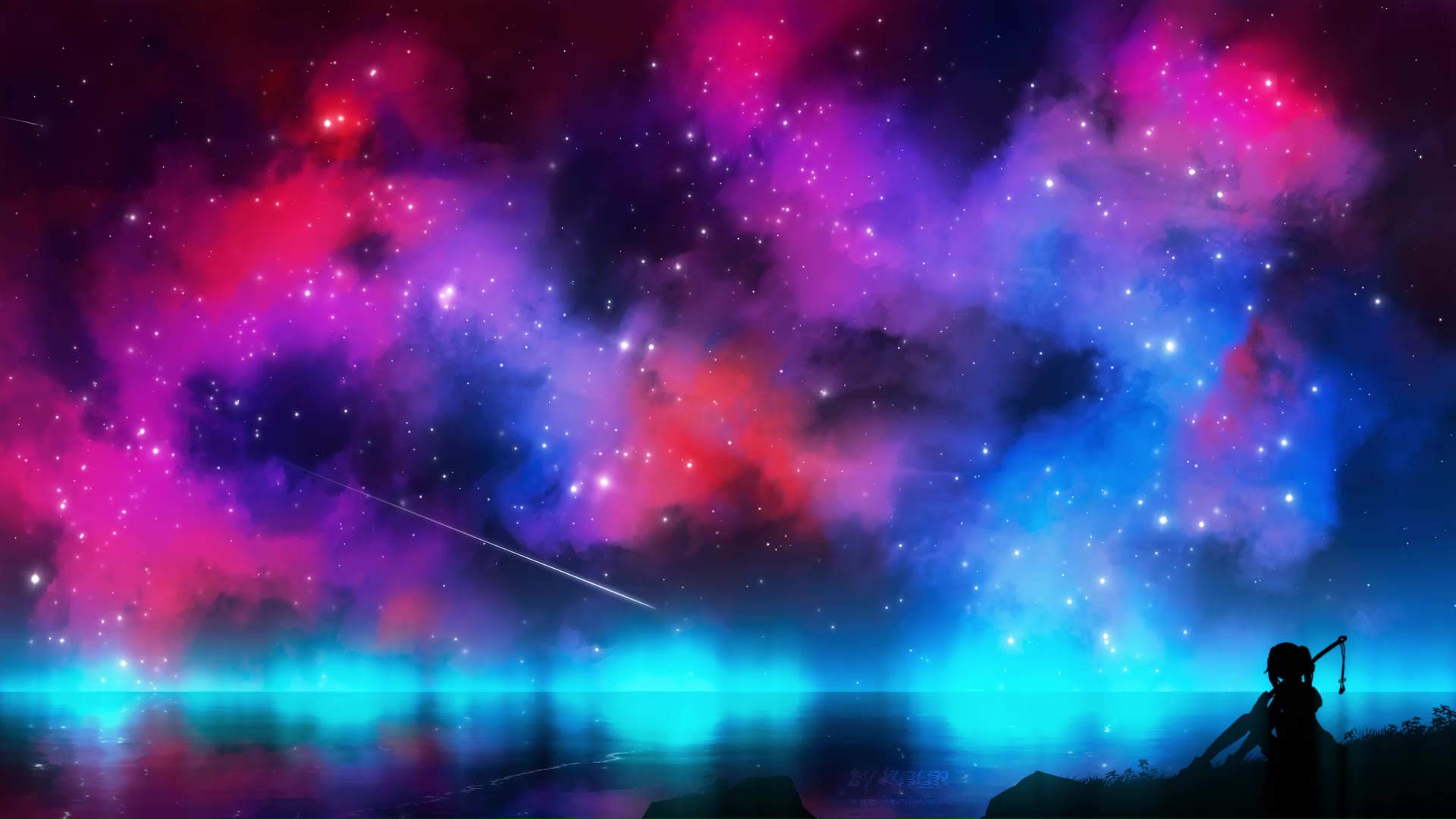Anime Girl Sitting On The Ground Starry Night Sky Live Wallpaper Moewalls