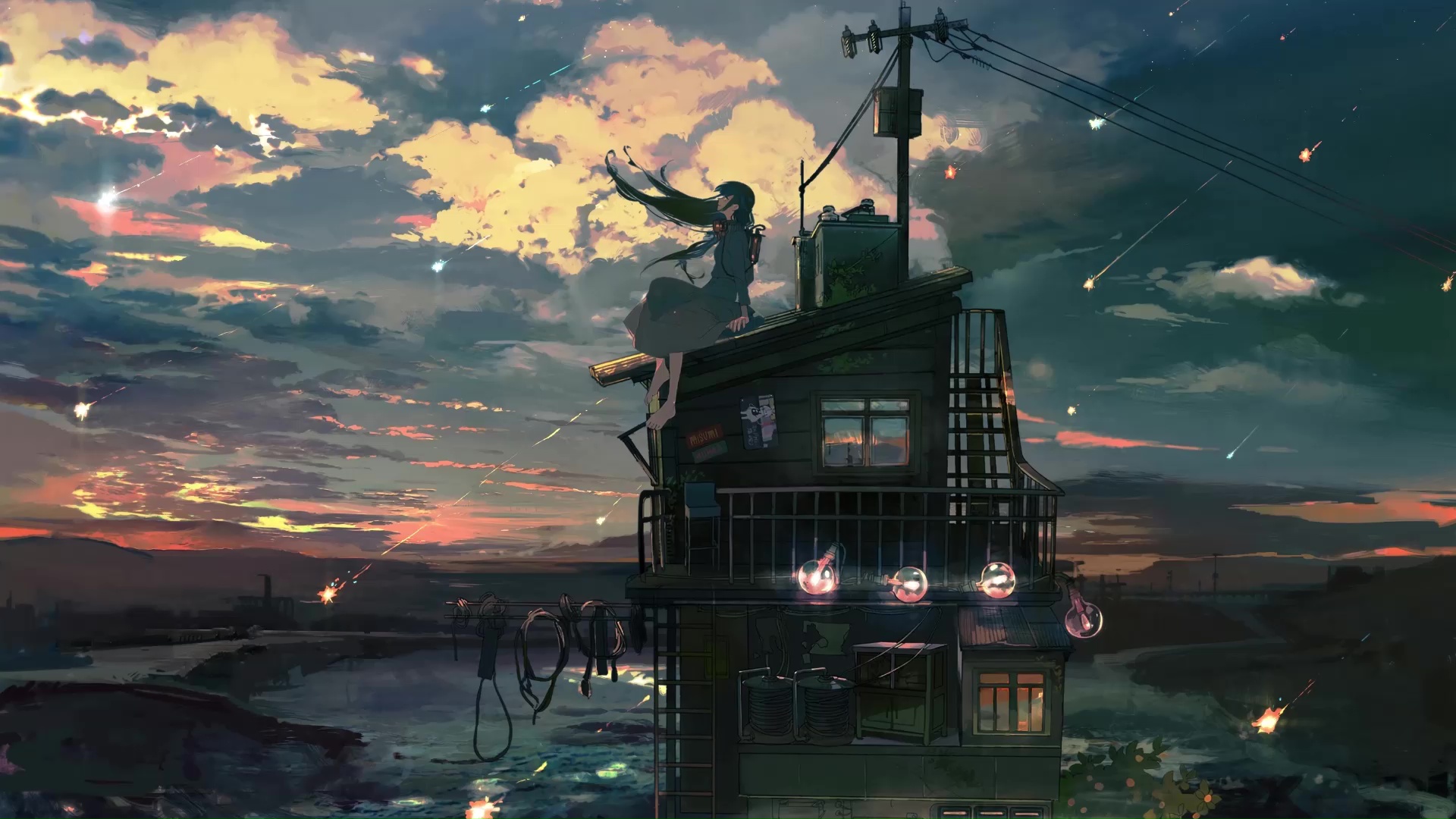 Anime city, rooftop, buildings, scenery, clouds, guitar, anime girl, Anime,  HD wallpaper | Peakpx