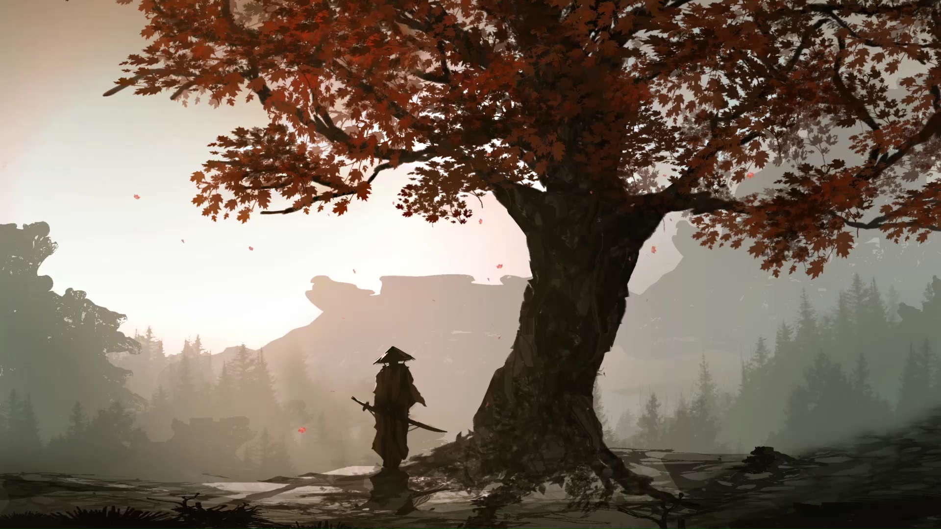 Lonely Samurai Standing Near Autumn Tree Live Wallpaper - MoeWalls