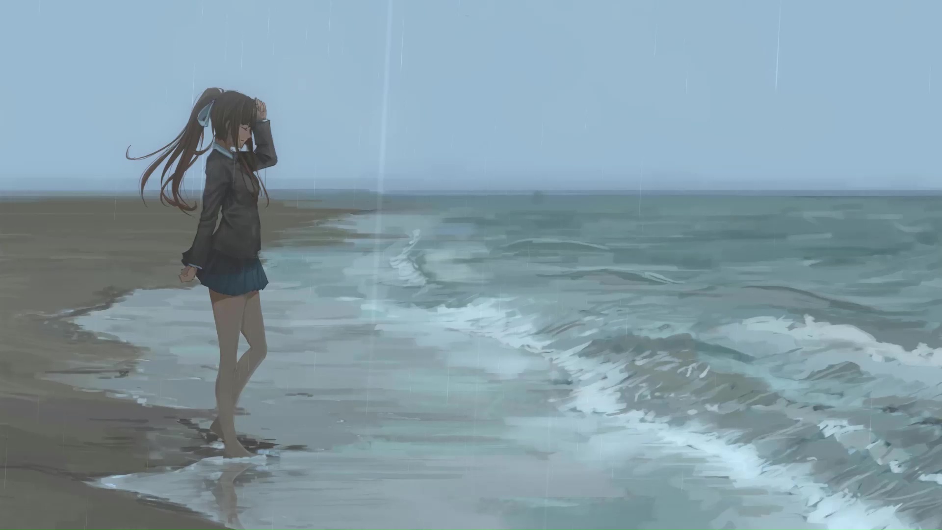Monika Rainy Day At The Beach Doki Doki Literature Club! Live Wallpaper -  MoeWalls