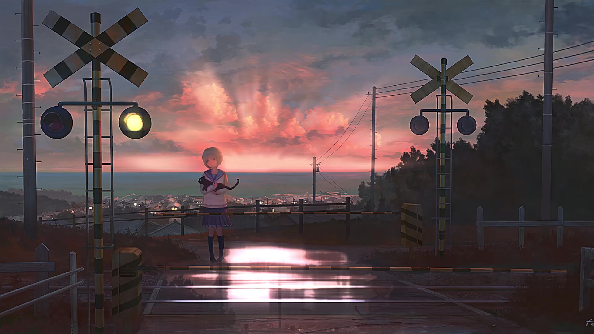 Anime Girl And Cat Waiting For Train In The Sunset Live Wallpaper ...