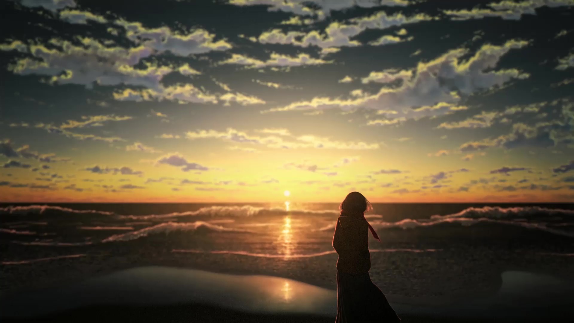 Anime Girl Watching The Sunset On The Beach Live Wallpaper - MoeWalls