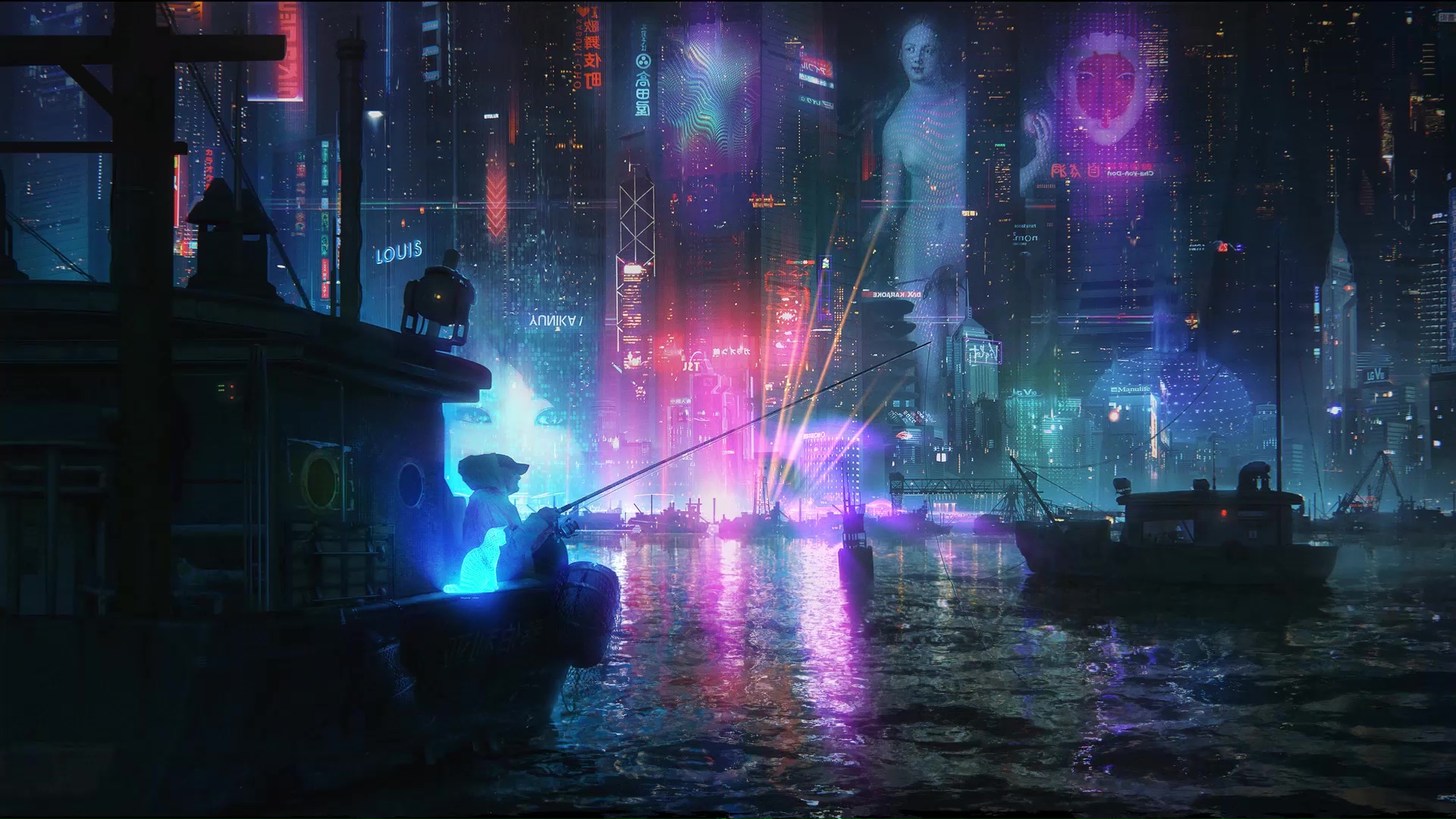 Fishing In The Cyberpunk City Live Wallpaper - MoeWalls