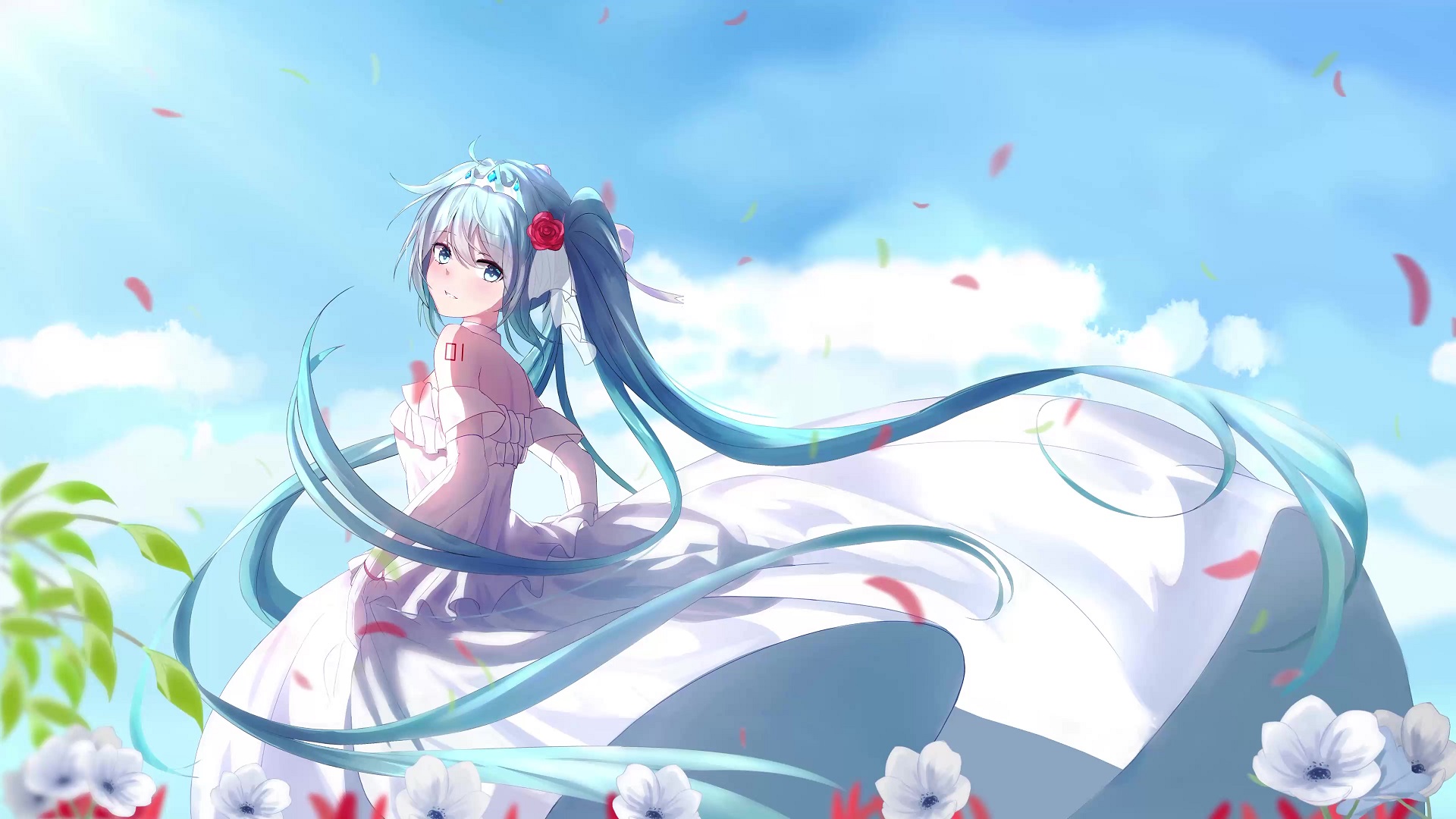 Hatsune Miku White Dress With Flowers Live Wallpaper - MoeWalls