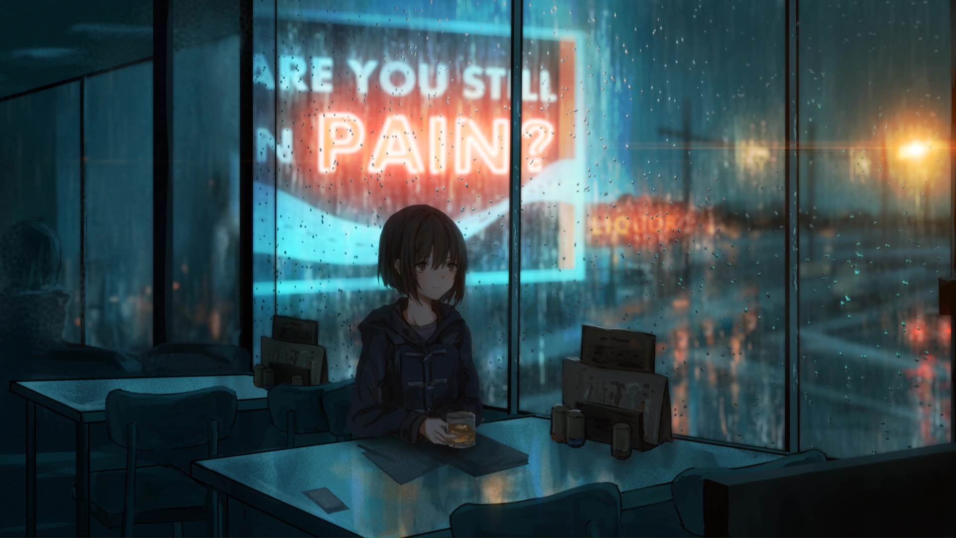 Lonely Anime Girl Sitting In A Coffee Shop While It's Raining Outside Live  Wallpaper - MoeWalls