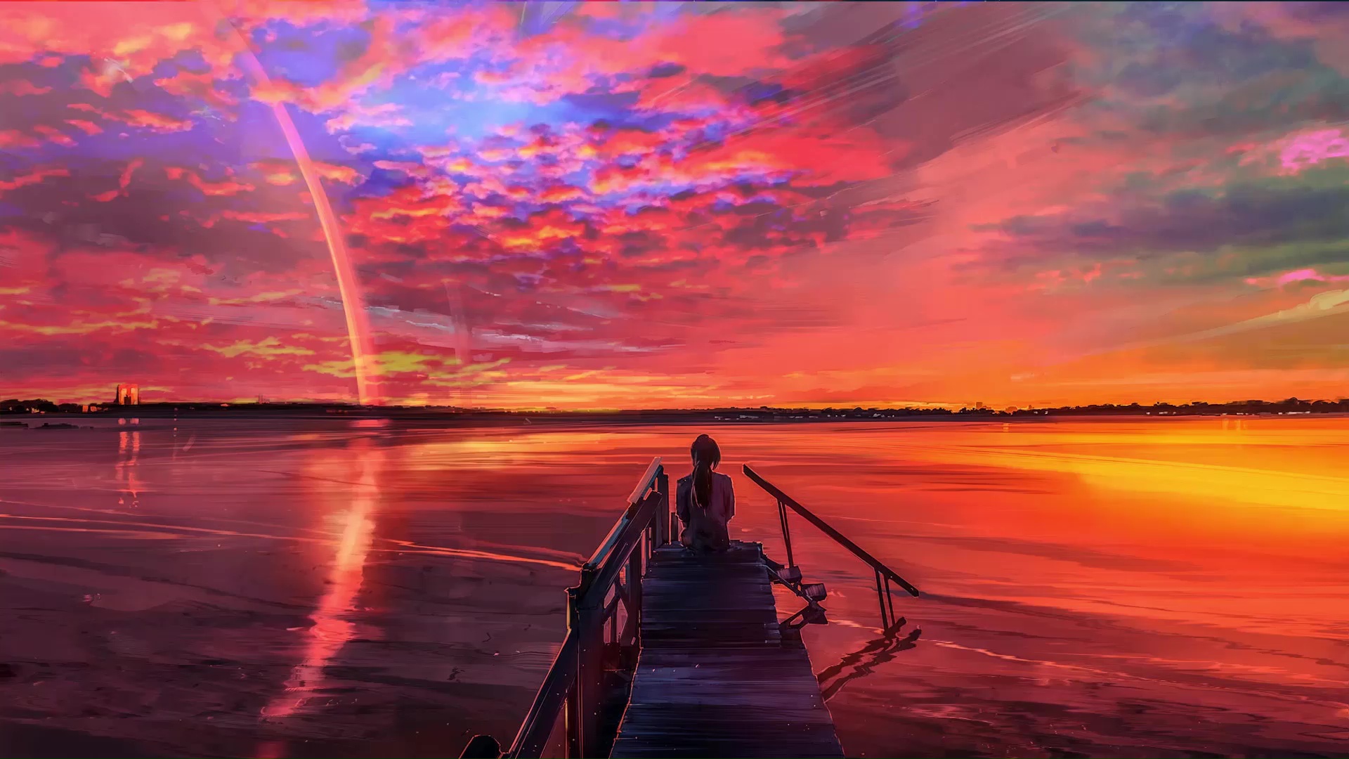 Anime Girl Sitting On The Bridge Watching The Sunset Live Wallpaper -  MoeWalls
