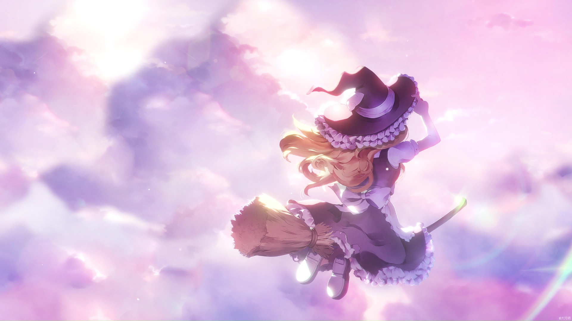 Marisa Kirisame Flying A Broom In The Sky Touhou Project Live Wallpaper