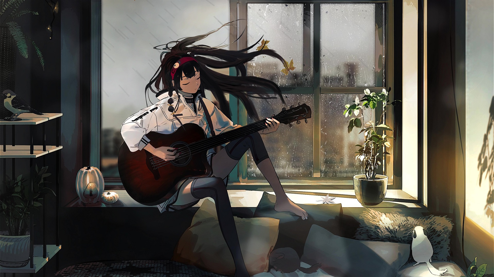 Anime Girl Playing Guitar While It's Raining Outside Live Wallpaper -  MoeWalls