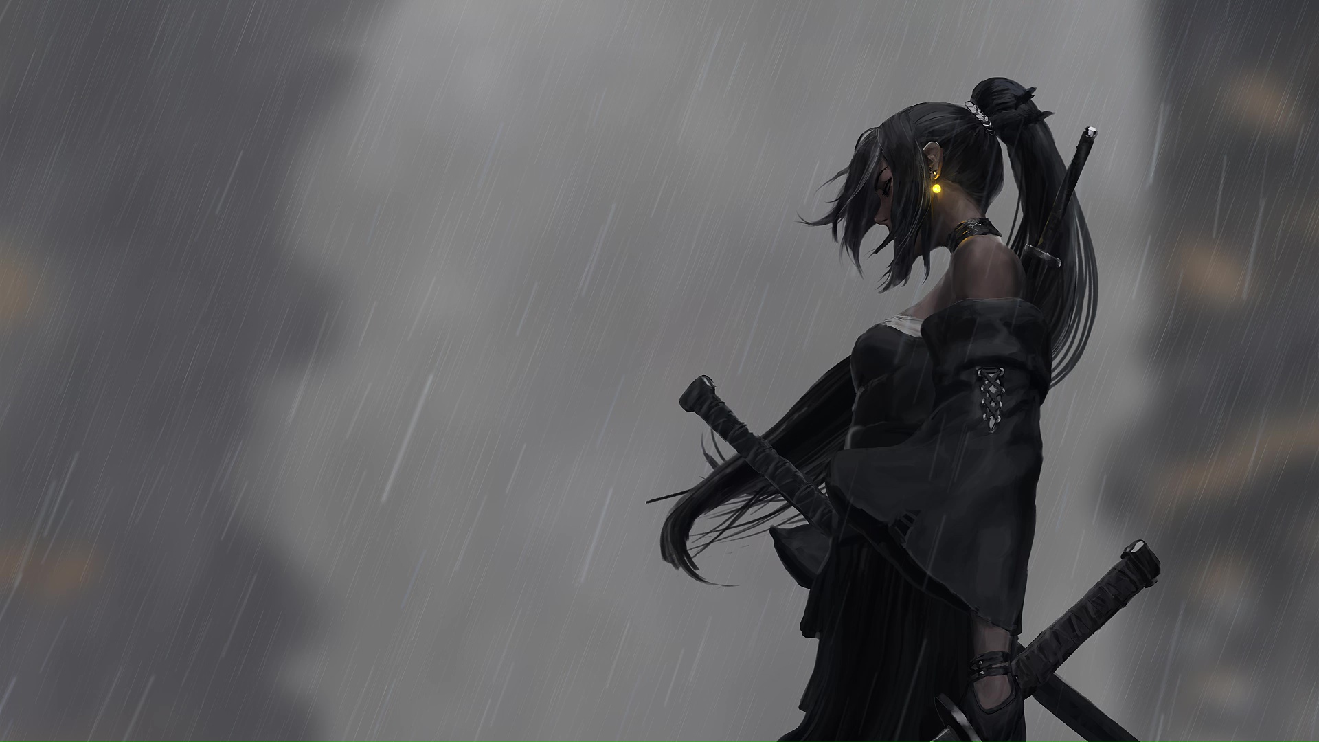 Samurai Girl In The Rain Live Wallpaper - MoeWalls