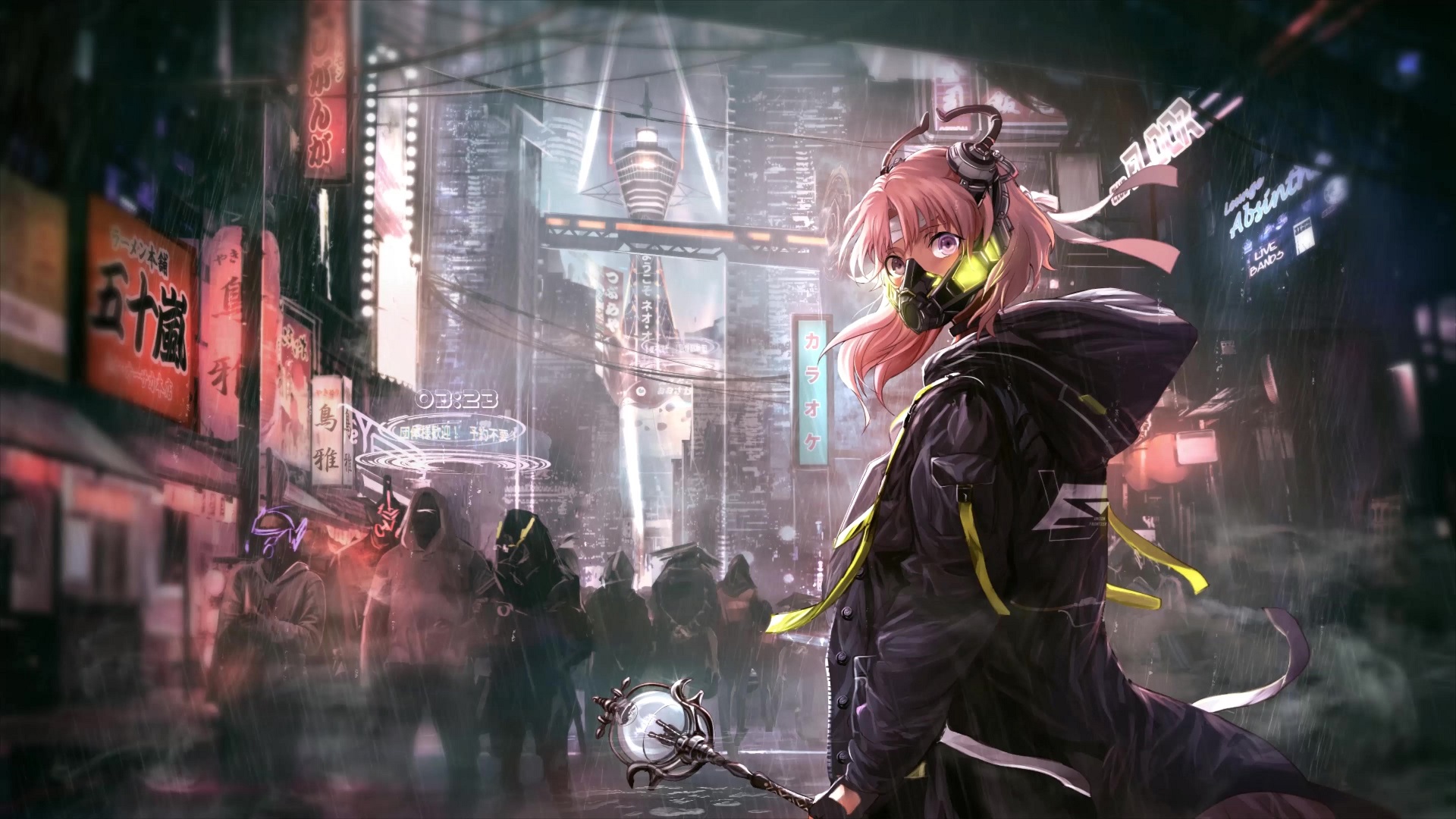 Sci Fi anime girl in front of robot with lightsaber 2K wallpaper download