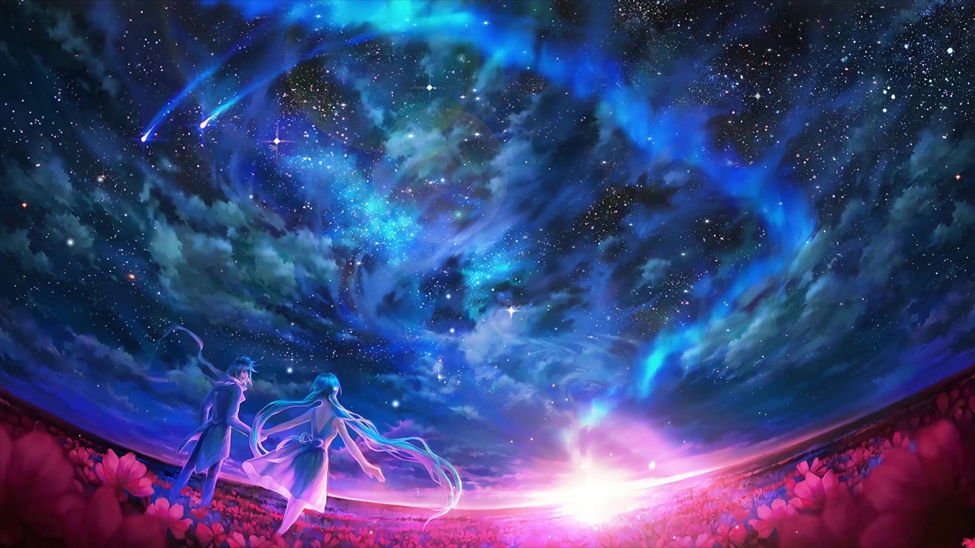 Anime Couple In Flower Field Under Starry Aurora Sky Live Wallpaper ...
