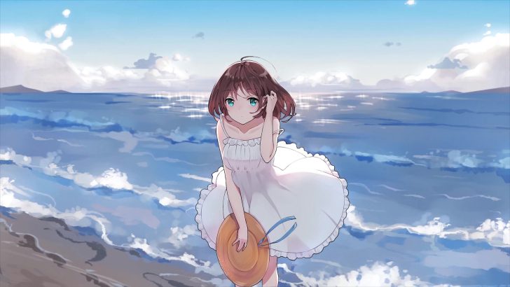 Beautiful anime girl stayed on the beach. take of her clothes.