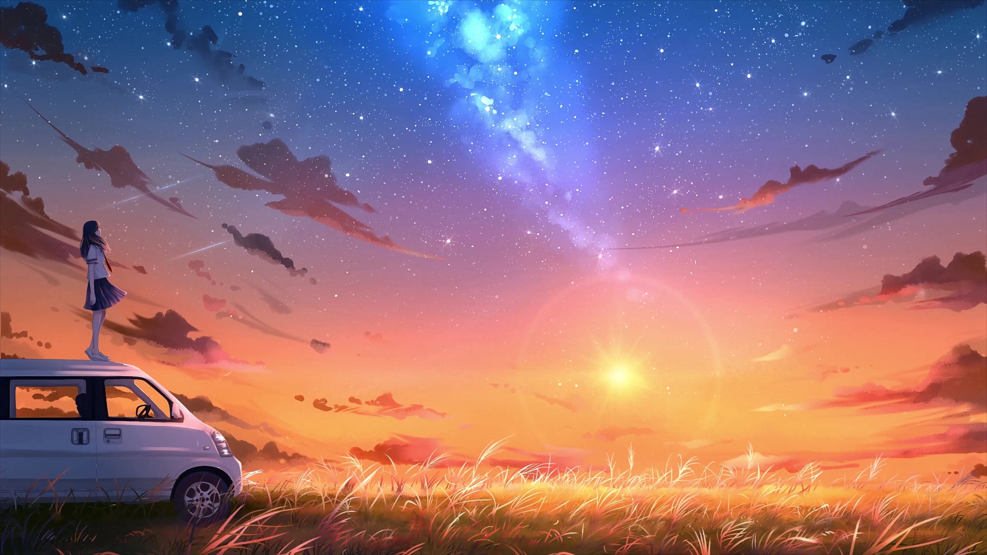 Anime School Girl Looking At The Aurora Sunset Sky Live Wallpaper - MoeWalls