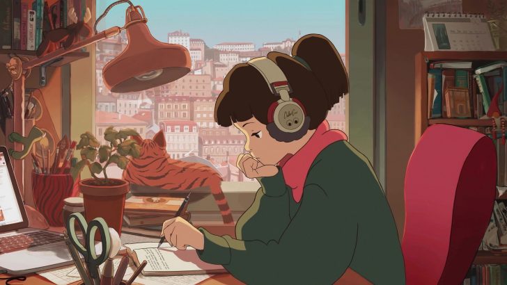 girl doing homework animated