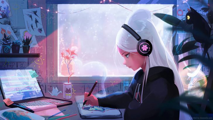 Wallpaper Girl With Green Hair Wearing Headphones Anime Character,  Background - Download Free Image