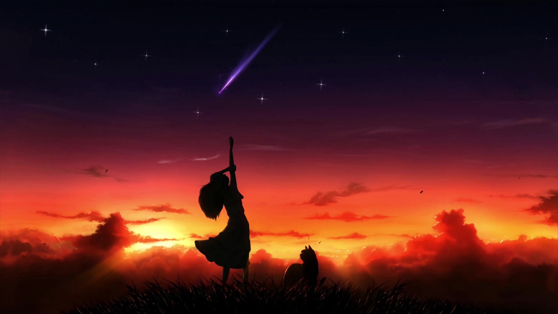Wallpaper ID 890941  Anime Original Sunset Girl City Shooting Star  Starry Sky 1080P free download