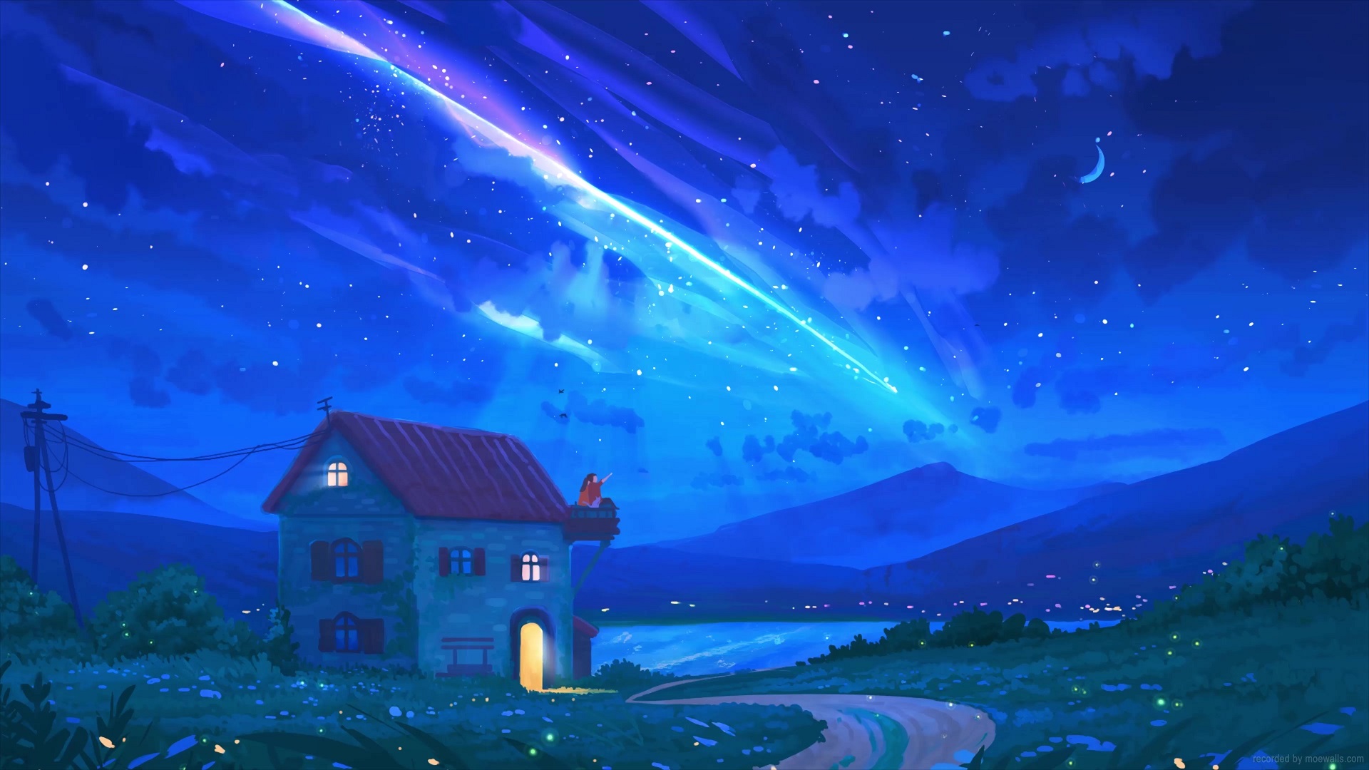 Couple Sitting On The Roof Watching Shooting Stars Live Wallpaper