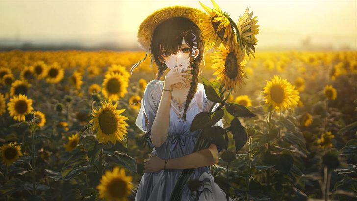 Blue and brown haired girl anime character at the sunflower farm  illustration during daytime HD wallpaper | Wallpaper Flare