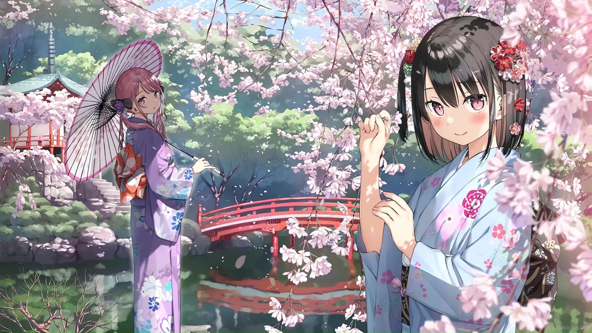Anime Girls Kimono Sakura Live Wallpaper - MoeWalls