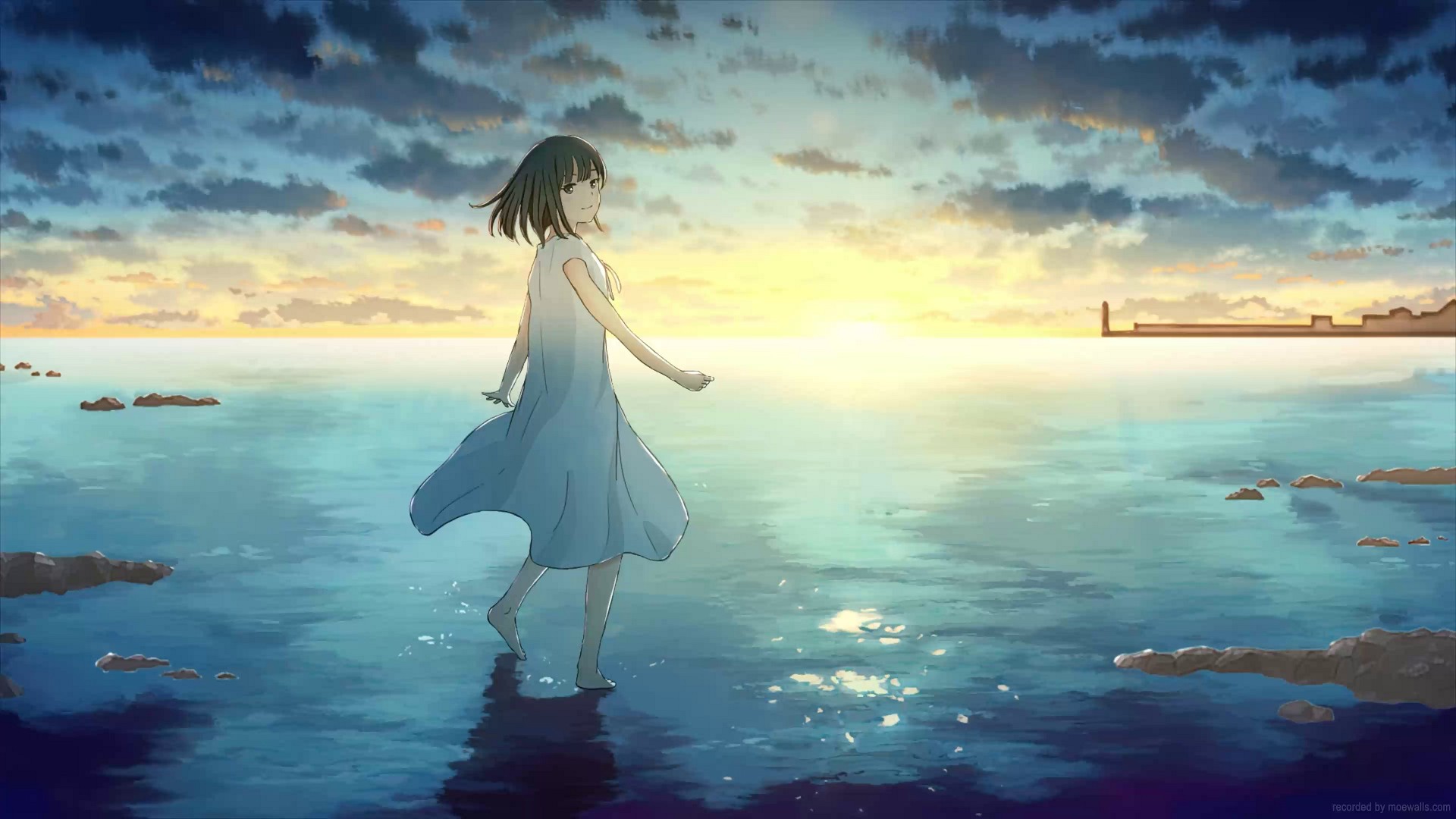 young boy and young girl walking on water, anime, | Stable Diffusion