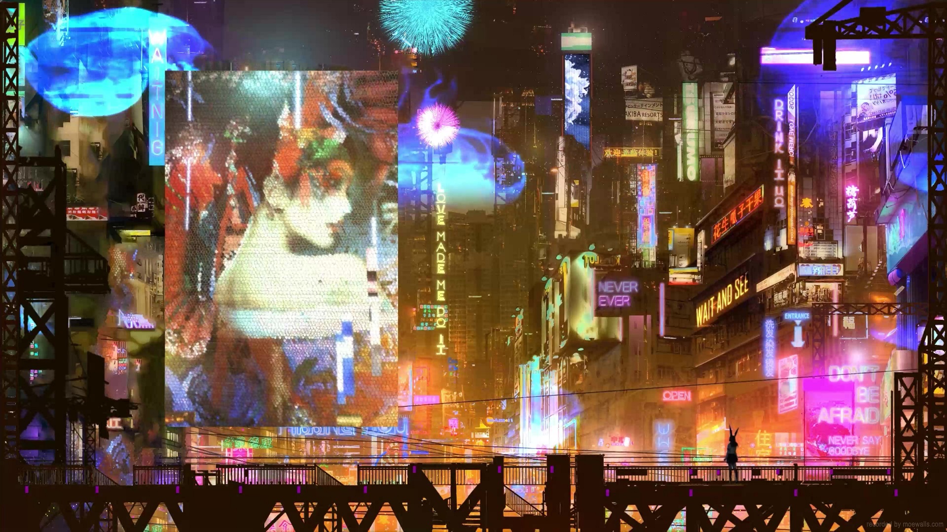 Fireworks Cyberpunk City Live Wallpaper - MoeWalls