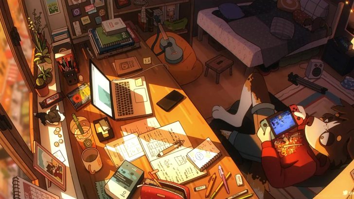 Anime cute girl studying in her room, chill, cozy vibes Stock Illustration  | Adobe Stock