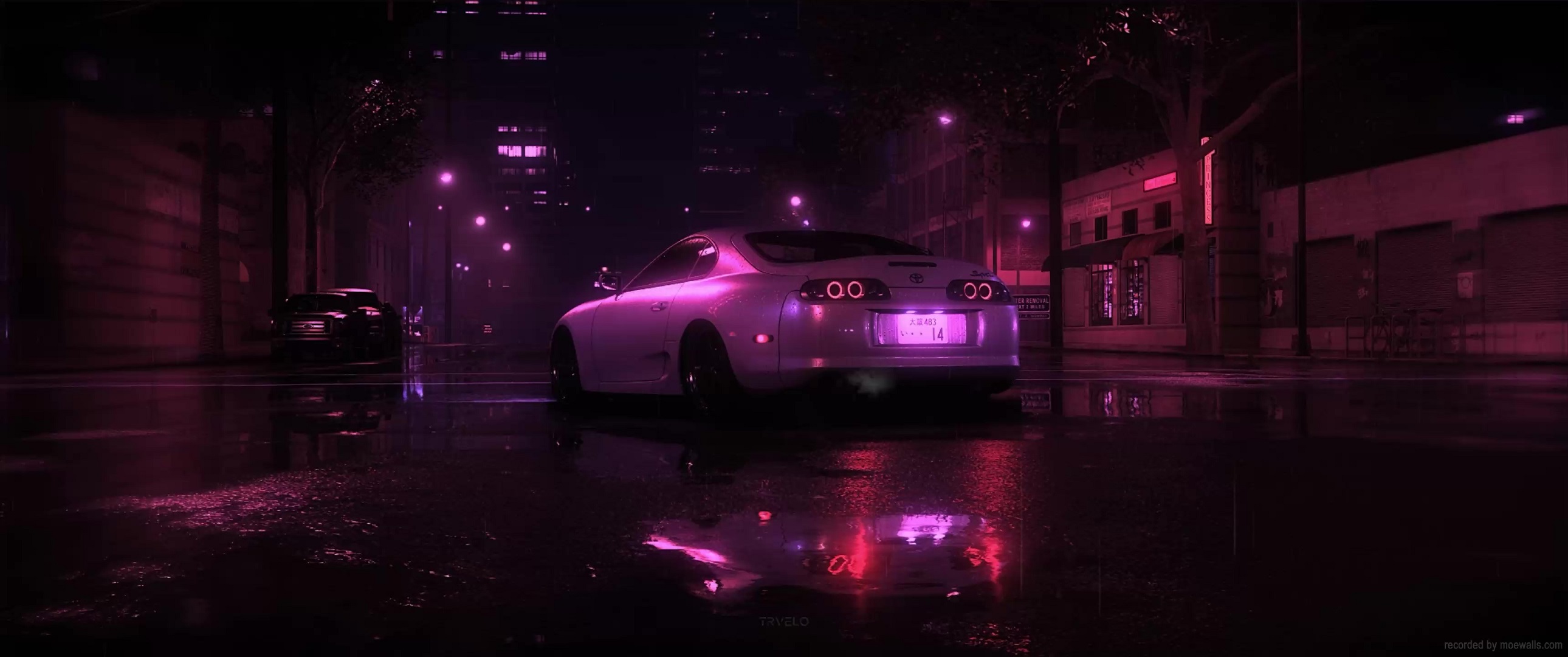 Toyota Supra Purple Neon Rainy Street Night Live Wallpaper - MoeWalls