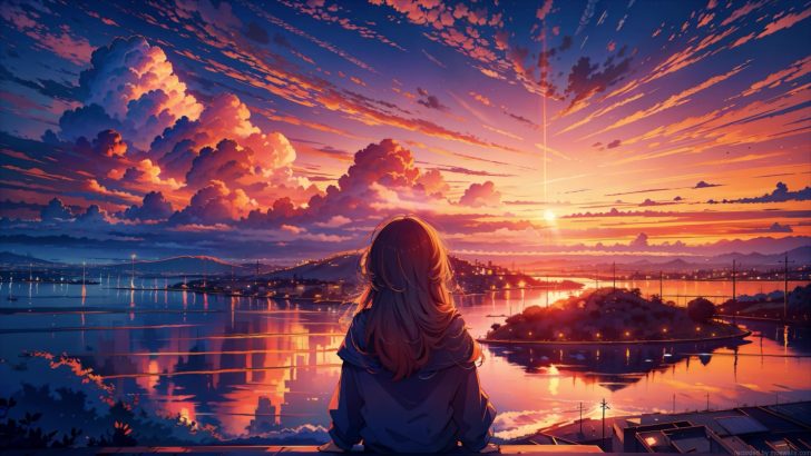 Premium Photo | Boy from side with sunset in the horizon anime style