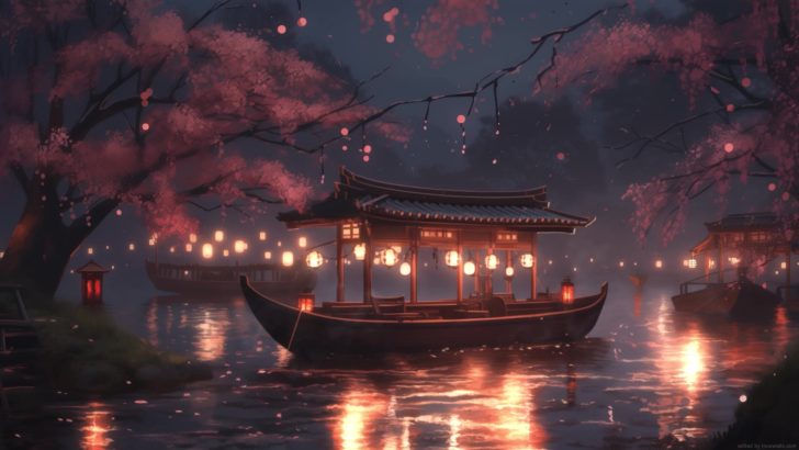 Sakura Boat River Lanterns Live Wallpaper - MoeWalls