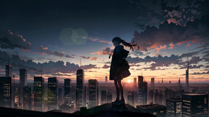 Anime Skyscraper Buildings Sunset White Clouds Blue Sky Anime, HD wallpaper  | Peakpx