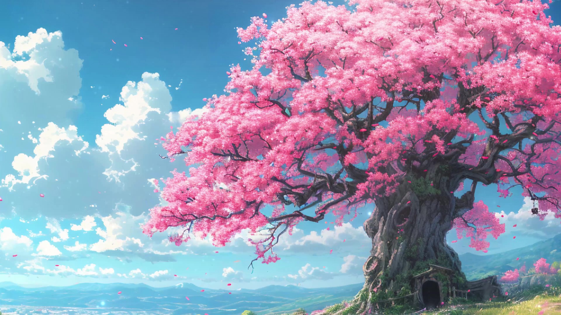 Red cherryblossom tree on a bloodmoon anime style off the side of a  mountain on Craiyon