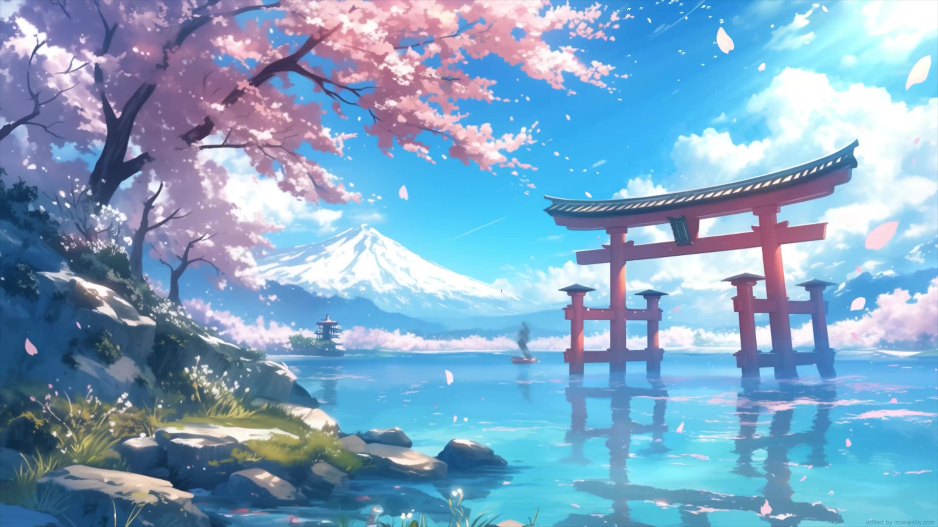 Fantasy anime landscape with blue sky and clouds in the background Stock  Illustration | Adobe Stock